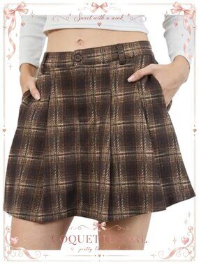 Pleated Plaid Mini Skirt A-Line High Waist with Pockets